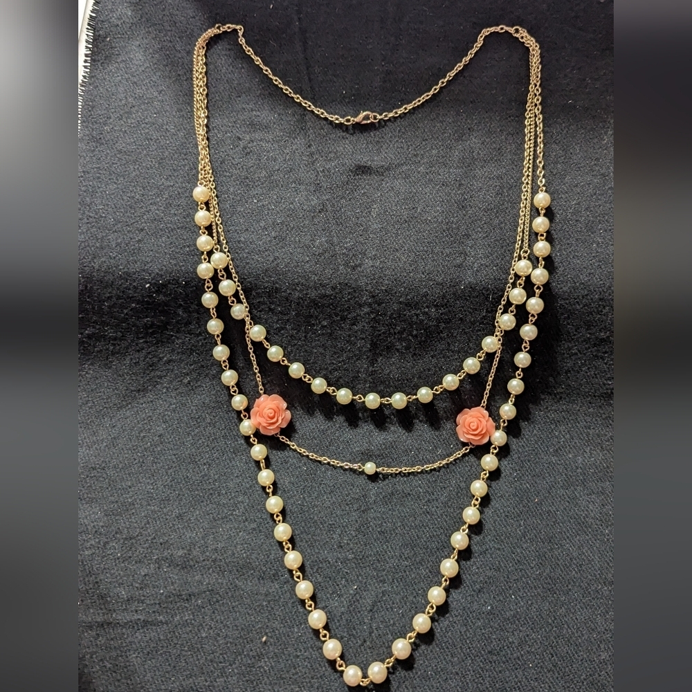 Gold Tone White Faux Pearl Chain and Pink Resin Rose Layered Statement Necklace